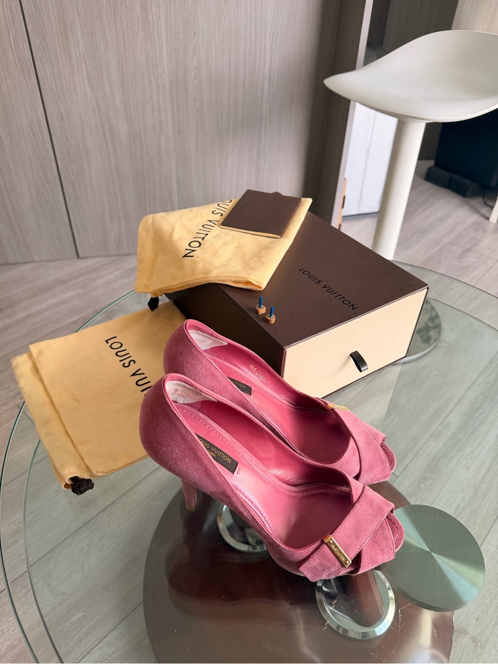 Louis Vuitton Rose Pink Suede Peep-Toe Heels with Bow Detail